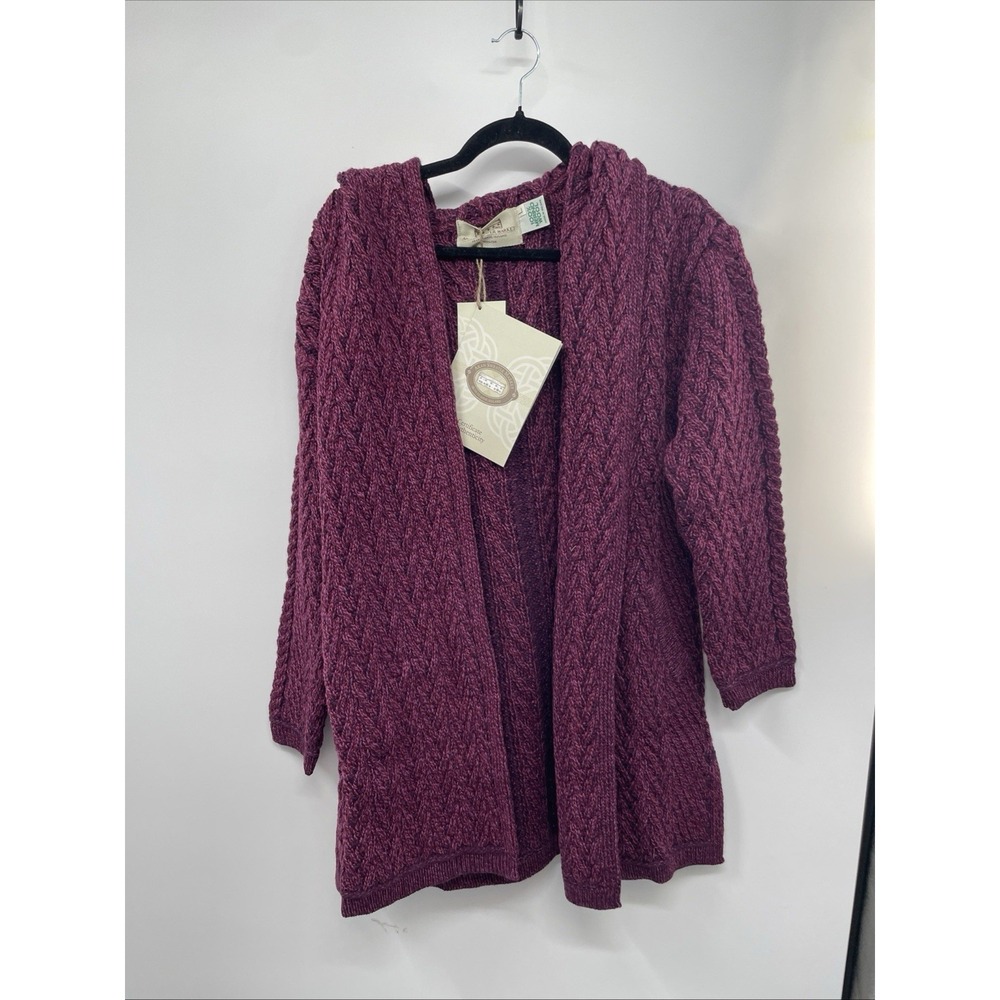 Aran Sweater Market Cardigan Womens L Purple Merino Wool Shawl Neck Hooded NWT